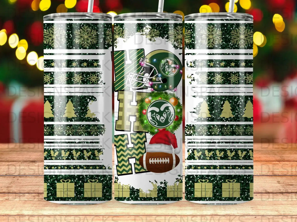 Holidays themed tumbler with festive green and gold glitter, snowflakes, and NFL team logos.