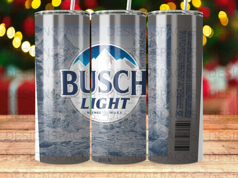 Busch Light tumbler featuring mountain and forest design with logo and text.