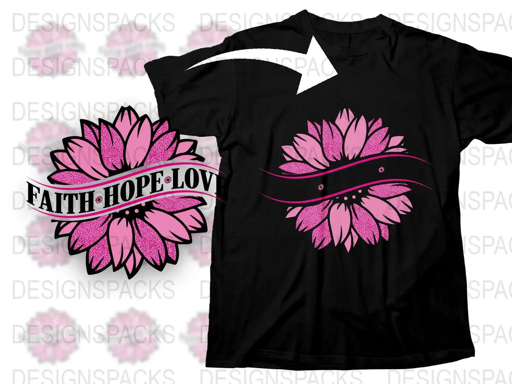 Black T-Shirt with Pink Floral Design, Faith Hope Love Graphic Tee, Inspirational Women's Fashion Top