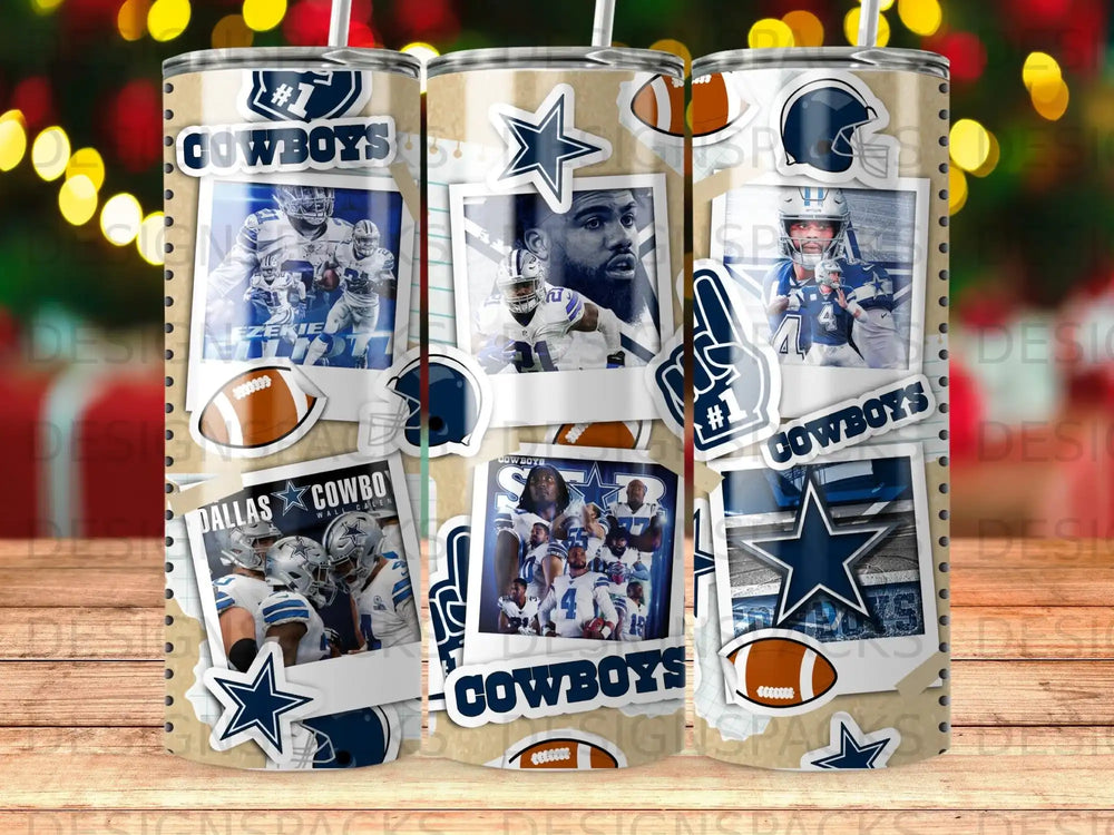 Dallas Cowboys themed tumbler with player photos and team logos.