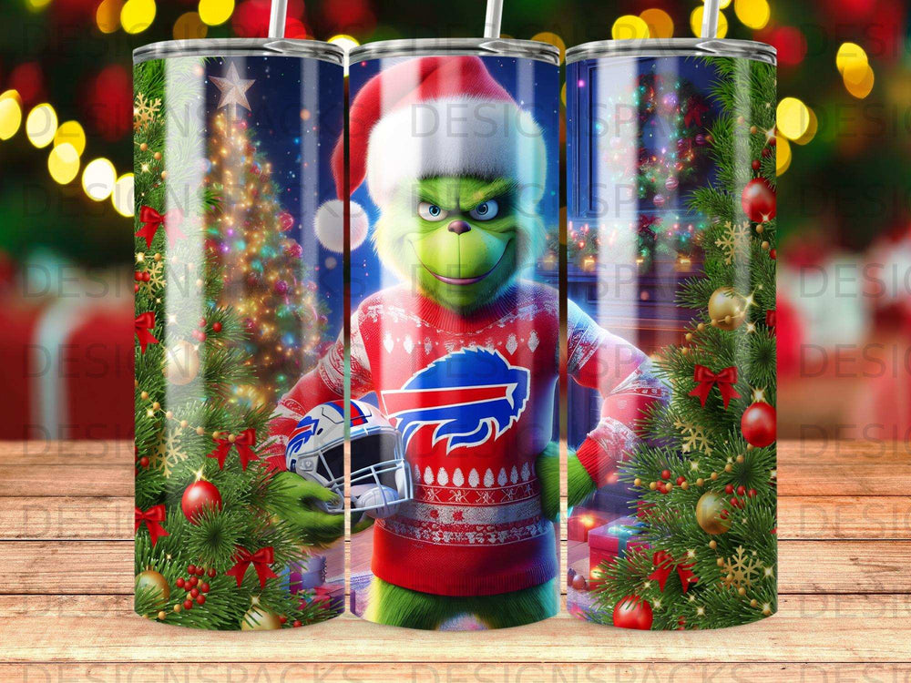 Grinch in Buffalo Bills sweater holds football helmet, with Christmas tree and gifts.