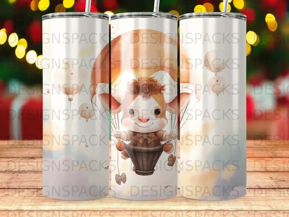 Cute cartoon cow in hot air balloon with abstract background.