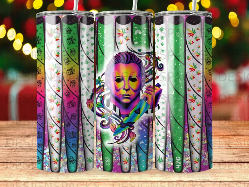 Michael Myers tumbler with colorful cannabis leaf and star pattern.