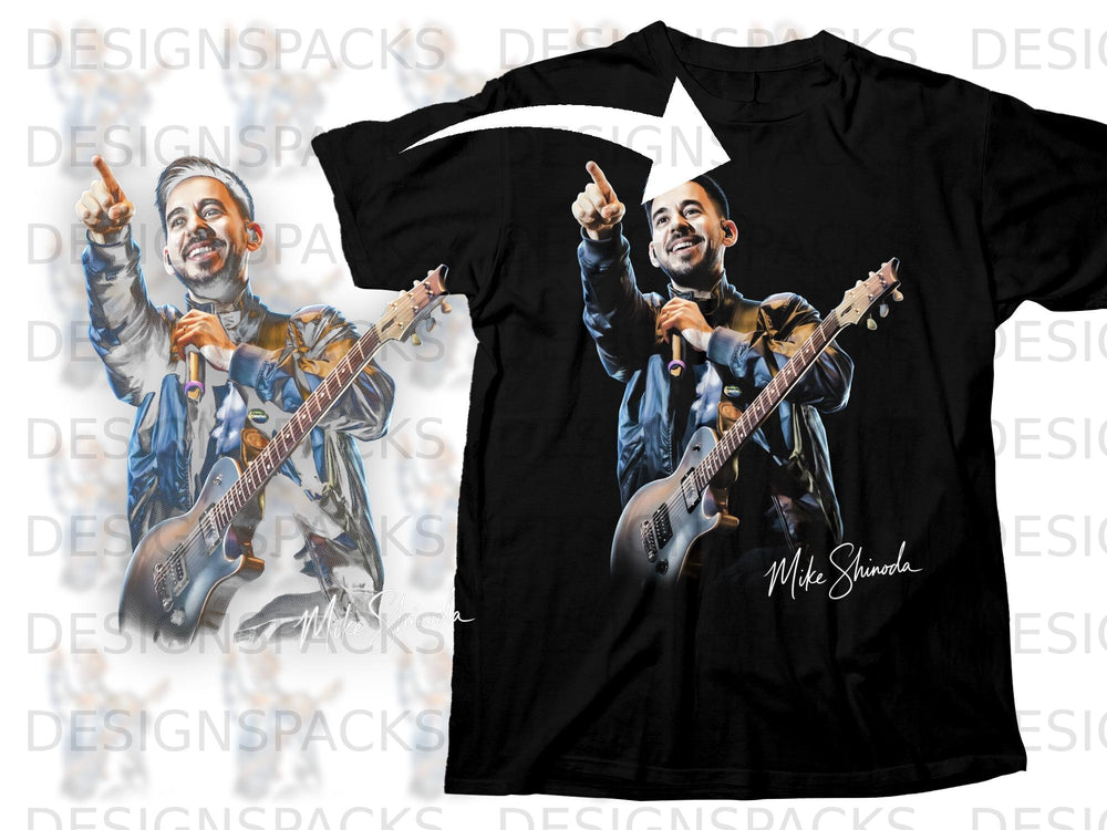 Black t-shirt with Mike Shinoda graphic, guitar, and microphone.