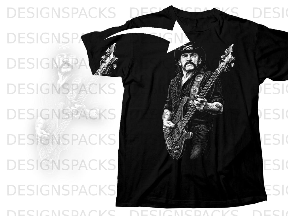 Black t-shirt featuring a sketch of Lemmy Kilmister playing a bass guitar.