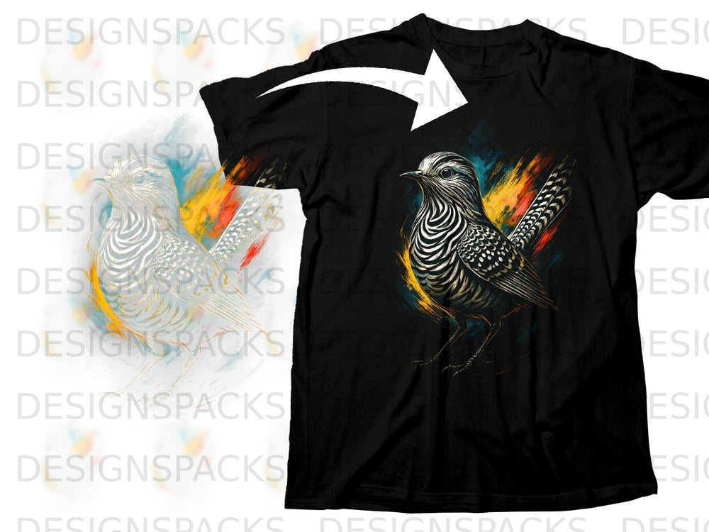Black t-shirt with abstract bird graphic and colorful brushstrokes.