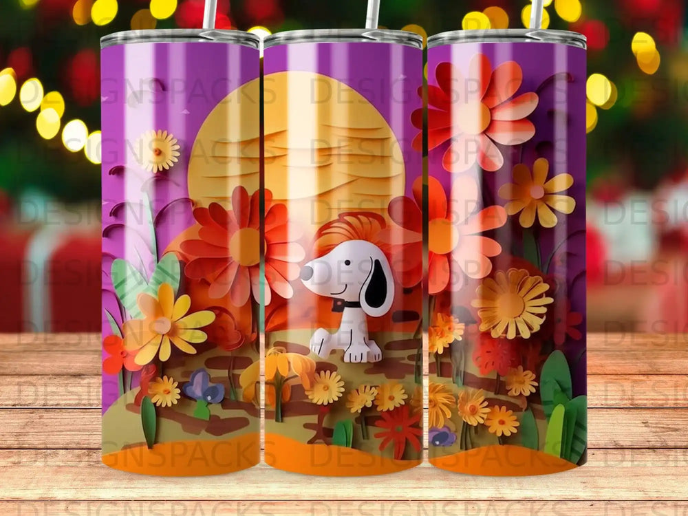 Snoopy sits among colorful paper flowers with a sunset in the background.