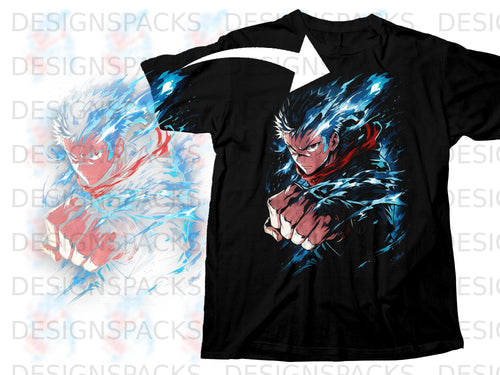 Black t-shirt with anime character design featuring blue energy and a clenched fist.