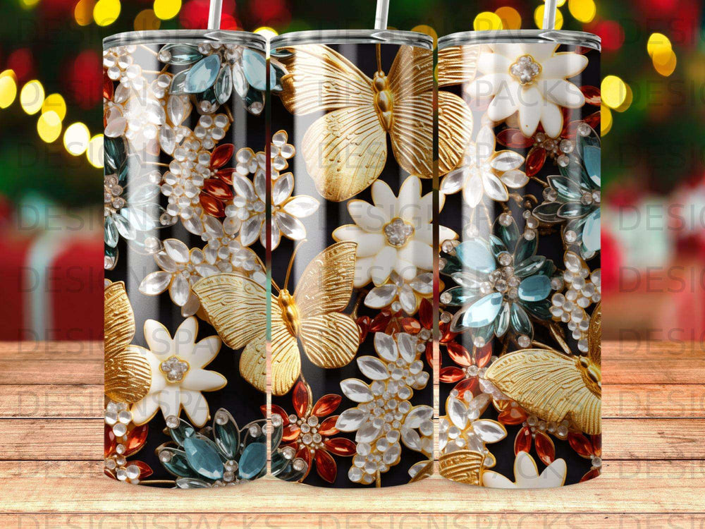 Gold butterflies and jewel-toned flowers on a black tumbler.