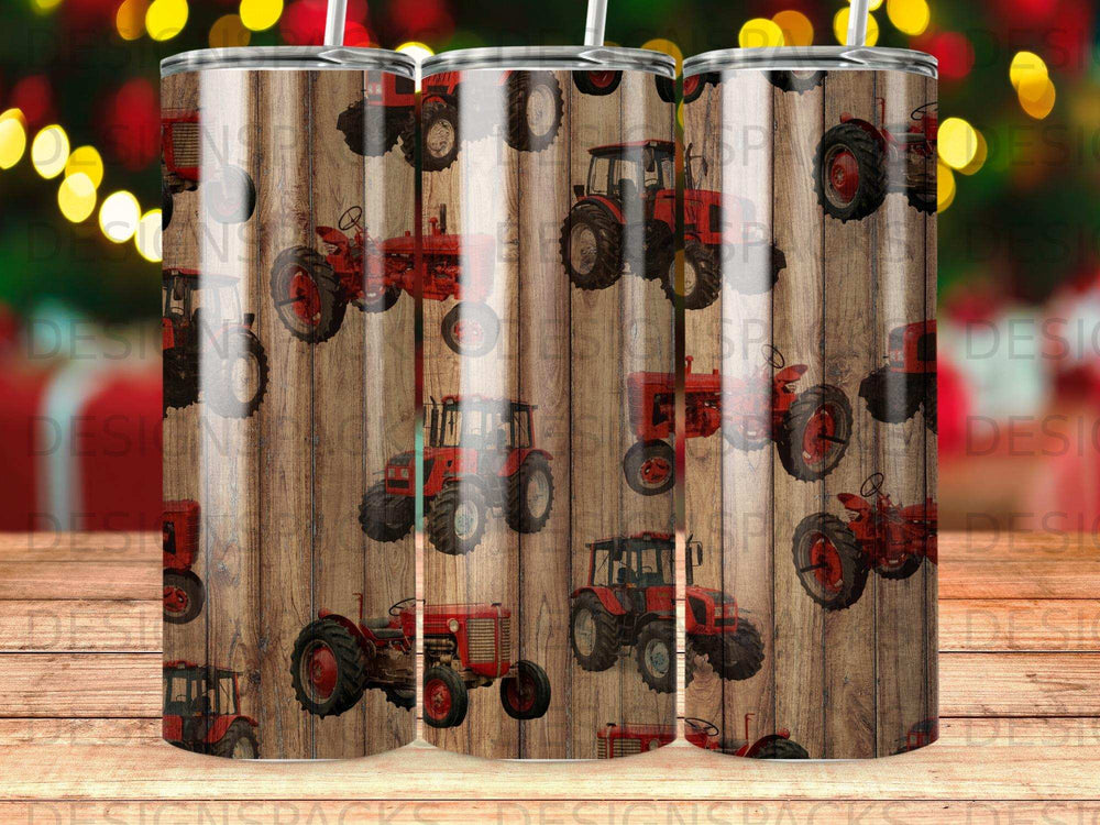 Red tractors on a weathered wood background with bokeh lights.