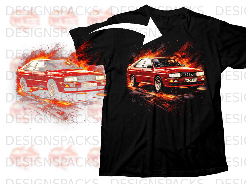 Red Audi Quattro S1 with fiery exhaust on a black t-shirt.