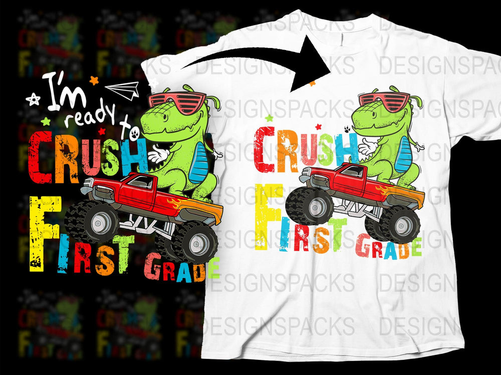 Kids Dinosaur T-Shirt 'I'm Ready to Crush First Grade' Cute T-Rex Graphic Tee, Back to School Shirt