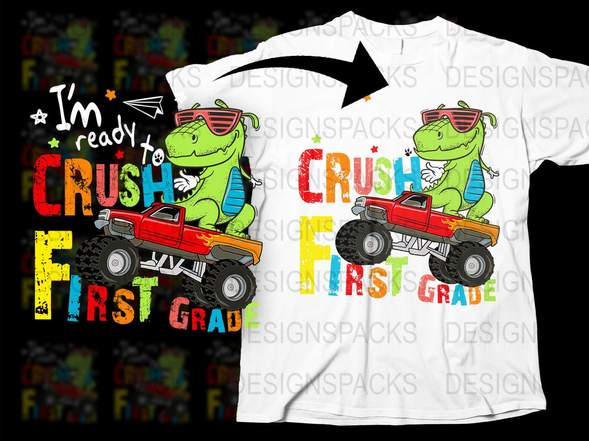 Kids Dinosaur T-Shirt 'I'm Ready to Crush First Grade' Cute T-Rex Graphic Tee, Back to School Shirt