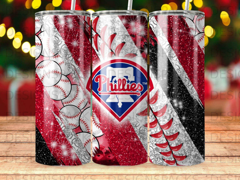 Philadelphia Phillies baseball tumbler with glitter and stripes.