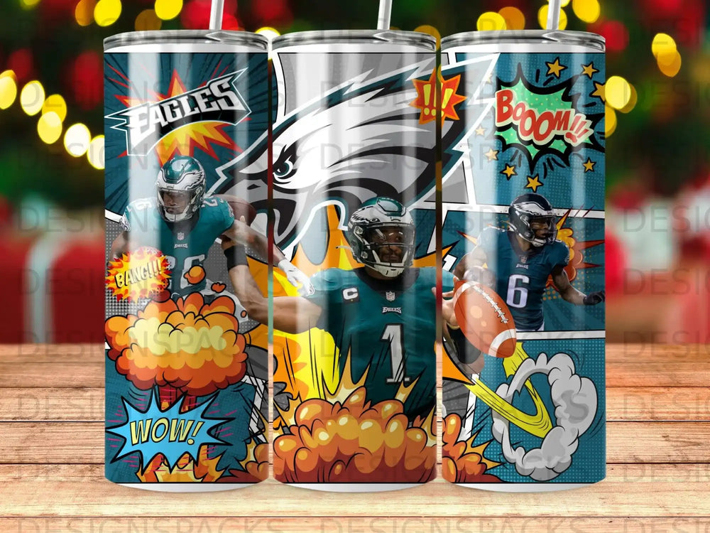 Philadelphia Eagles comic book art tumbler with football players and Eagles logo.