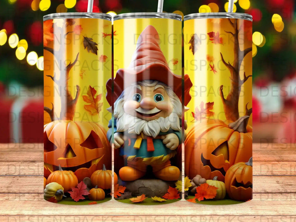 Halloween gnome surrounded by pumpkins and autumn leaves on a tumbler.