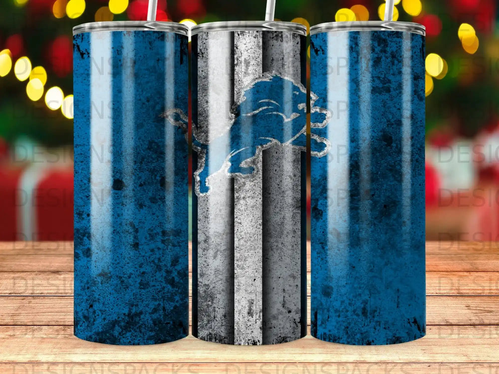 Detroit Lions logo on distressed blue and silver tumbler.