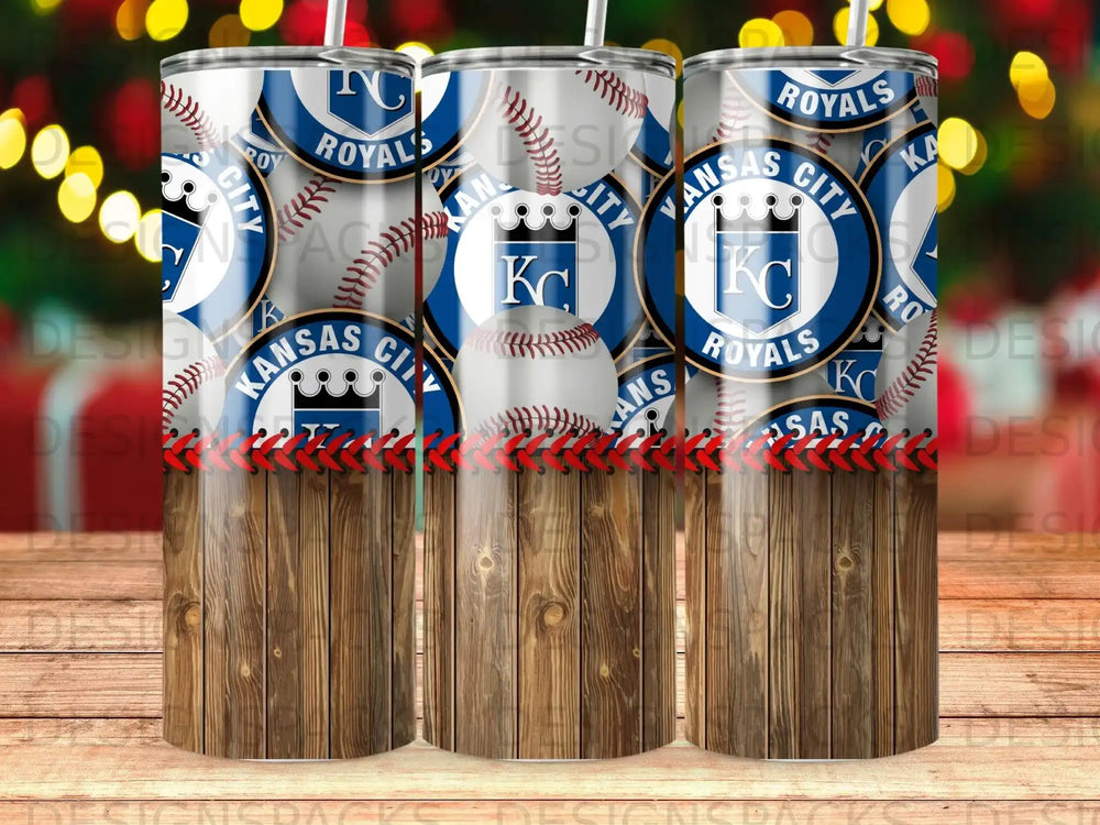 Kansas City Royals baseball tumbler with wood grain and bokeh background.
