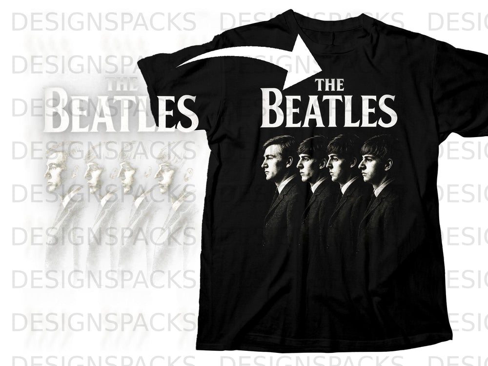 Black t-shirt with The Beatles logo and band members' portraits.
