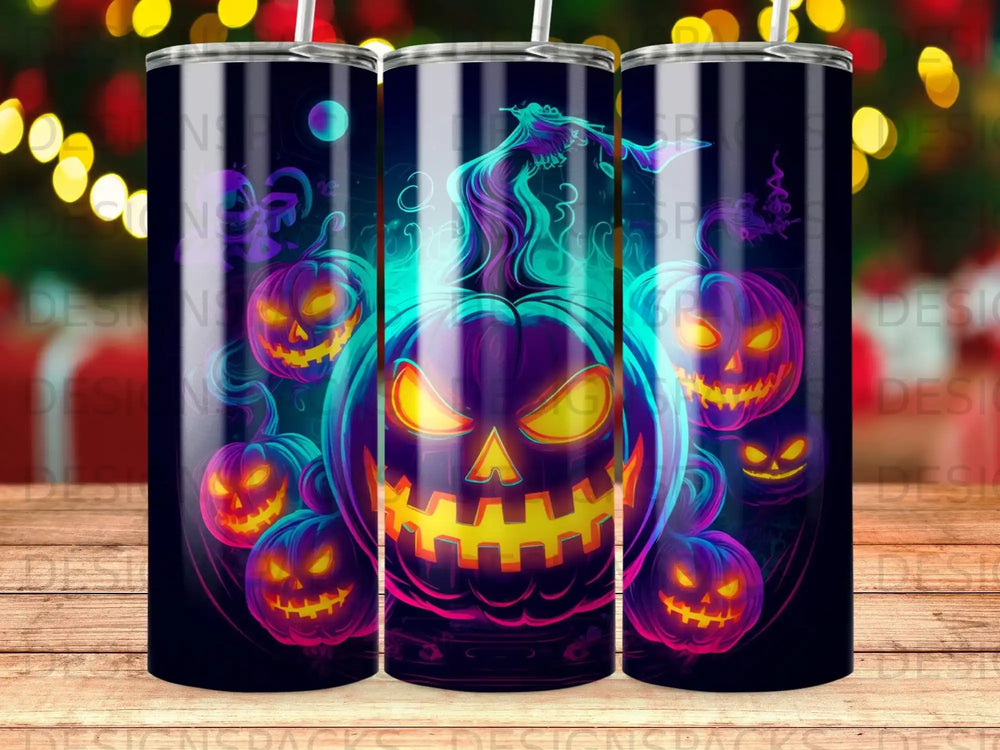 Glowing jack-o'-lanterns with purple and green flames on a dark background.
