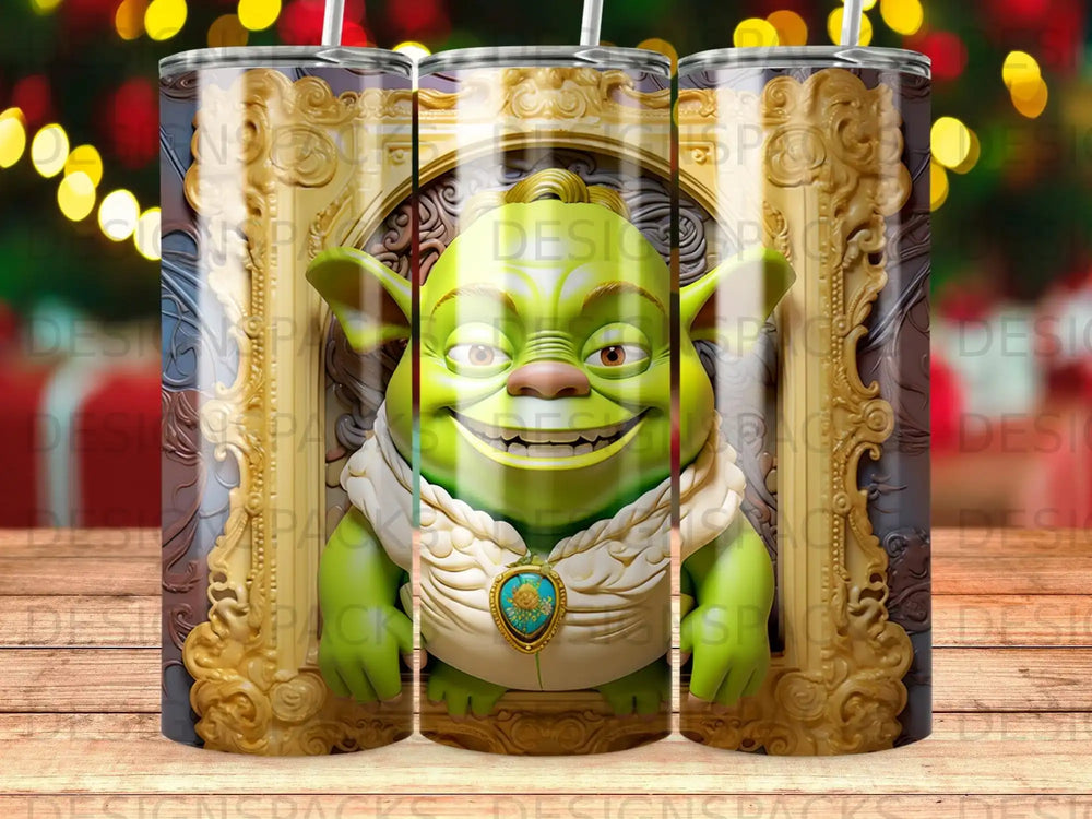 Shrek character with golden frame and decorative necklace.