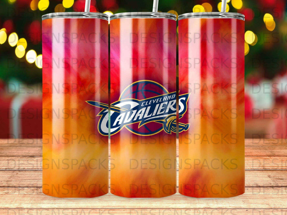 Cleveland Cavaliers logo on a tumbler with a bokeh background.