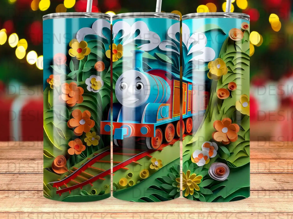 Thomas the Tank Engine on a colorful, paper-cutout landscape.