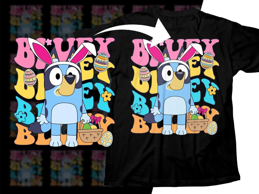 Bluey Easter design on black t-shirt with bunny ears, eggs, and basket for DTF/DTG printing