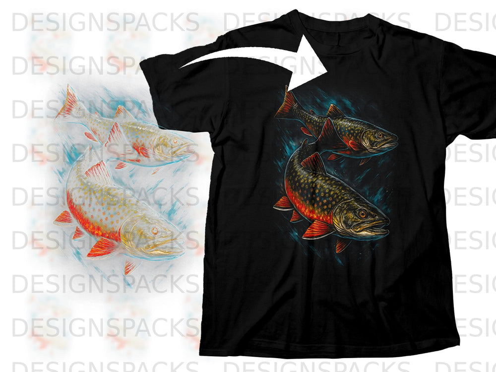Black t-shirt with a graphic of three colorful trout swimming underwater.