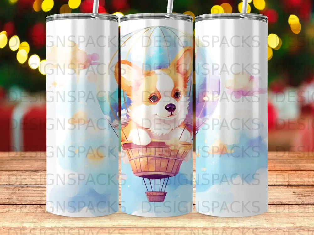 Corgi puppy in hot air balloon basket, whimsical clouds and lights.