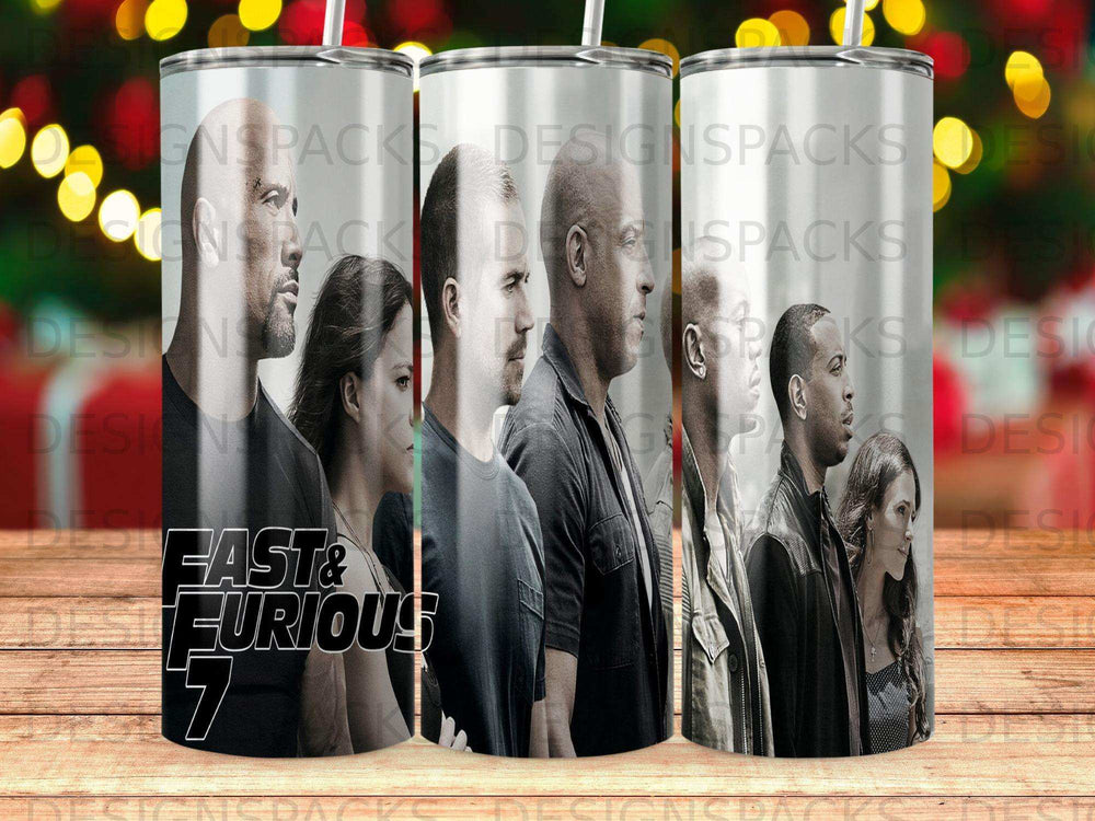 Fast & Furious 7 characters cast profile on a tumbler wrap.