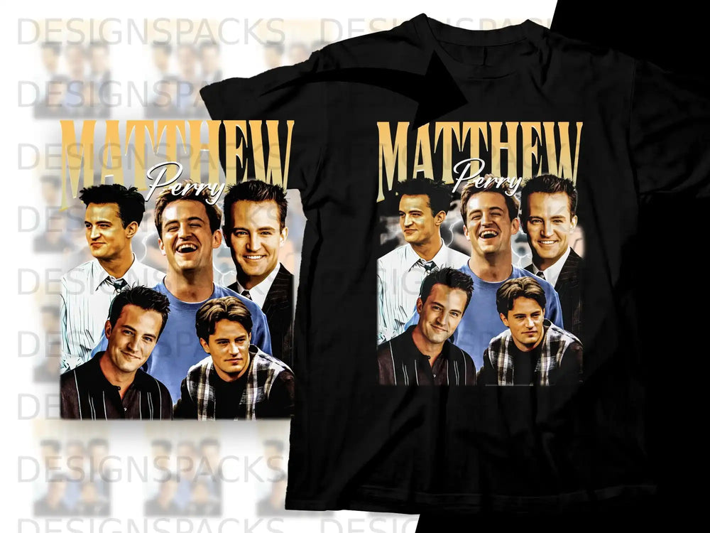 Matthew Perry Friends cast collage on black t-shirt.