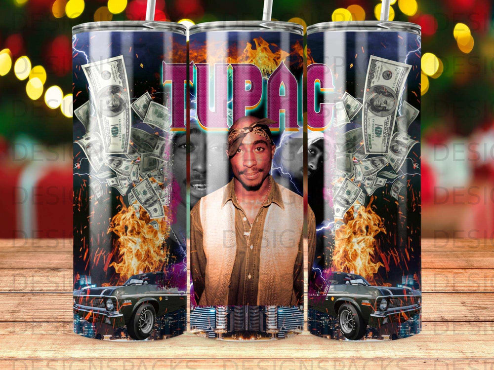Tupac Shakur on a tumbler with flames, money, and classic cars.
