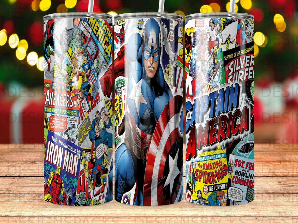 Captain America and other Marvel superheroes adorn a tumbler.