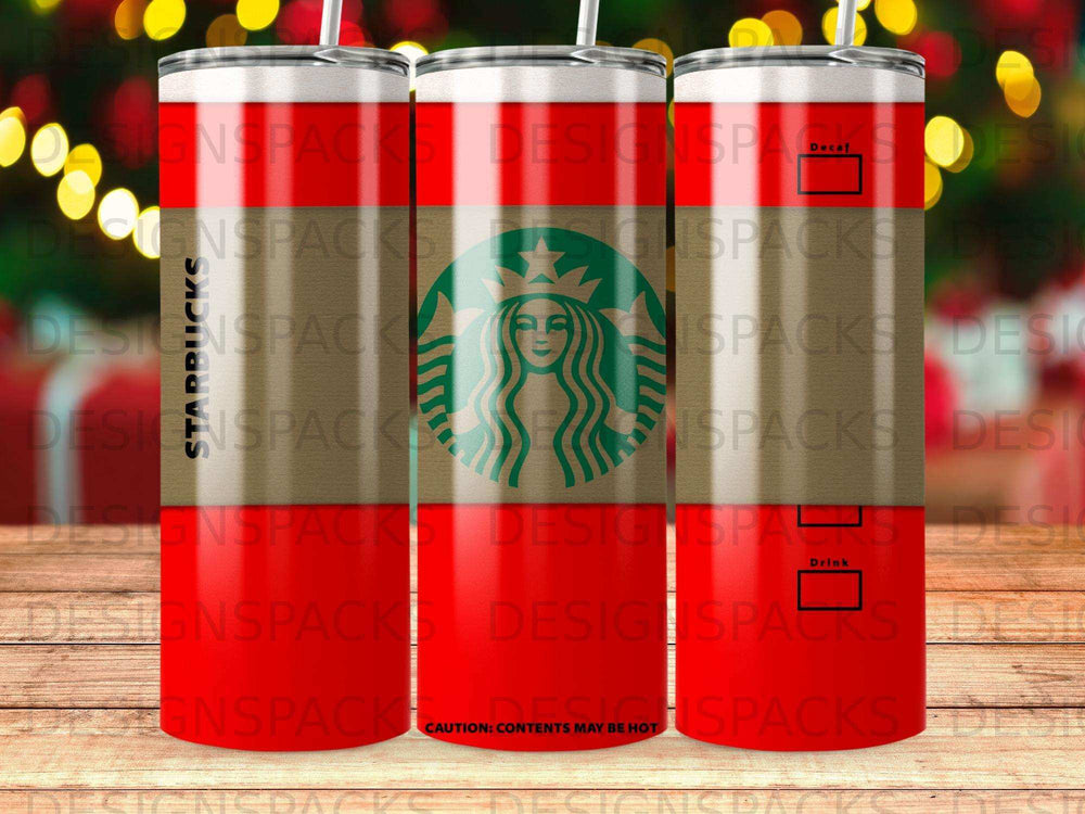 Starbucks tumbler with green logo, red Starbucks lettering, and "Caution: Contents May Be Hot" text.