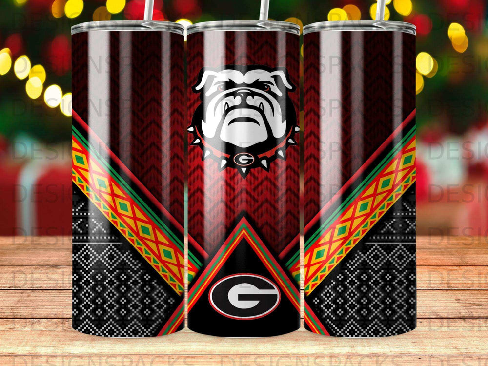Bulldog mascot on a patterned tumbler with green, yellow, and red accents.
