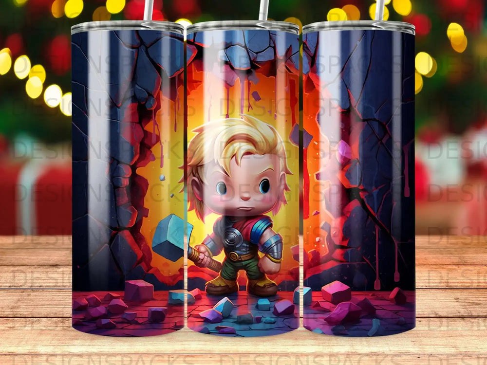 Chibi Thor with Mjolnir in a rocky, fiery environment.