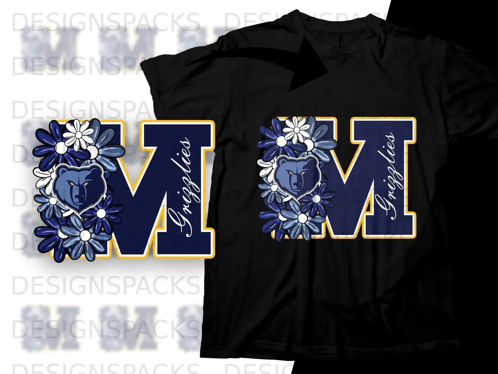 Black t-shirt with large blue "Grizzlies" text and floral design.