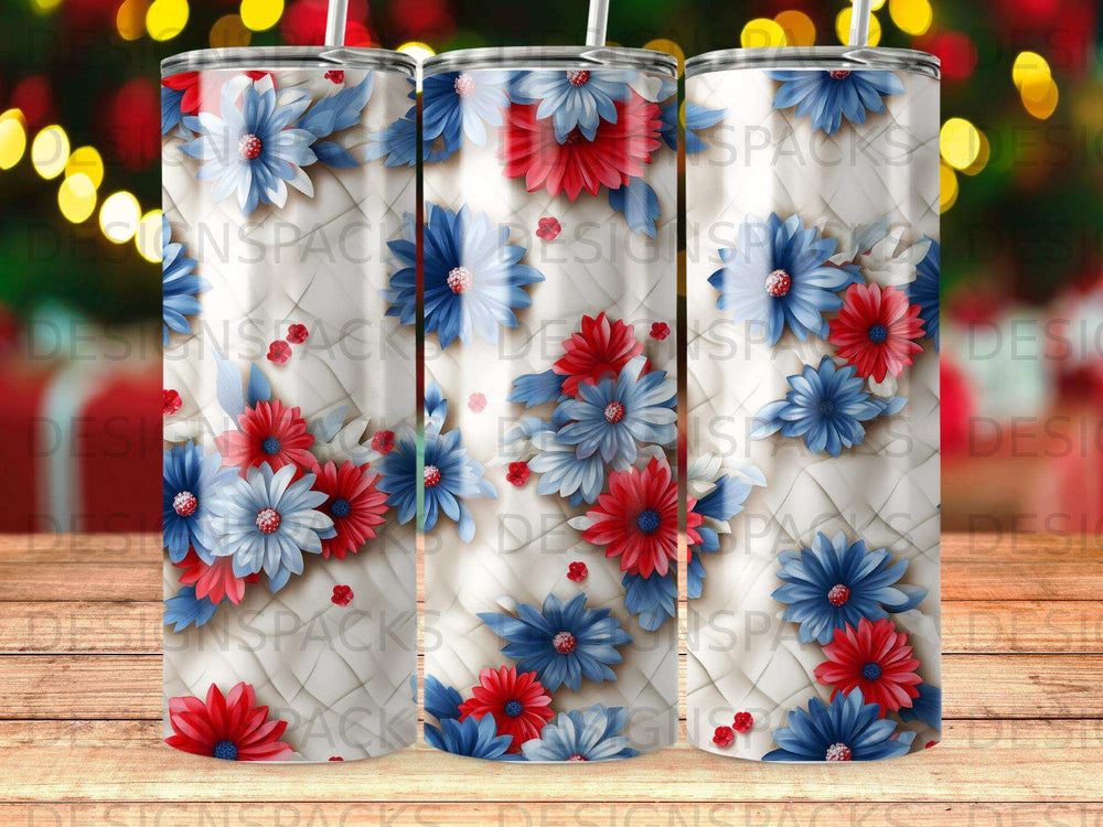 Tumbler with red and blue floral design on white textured background.
