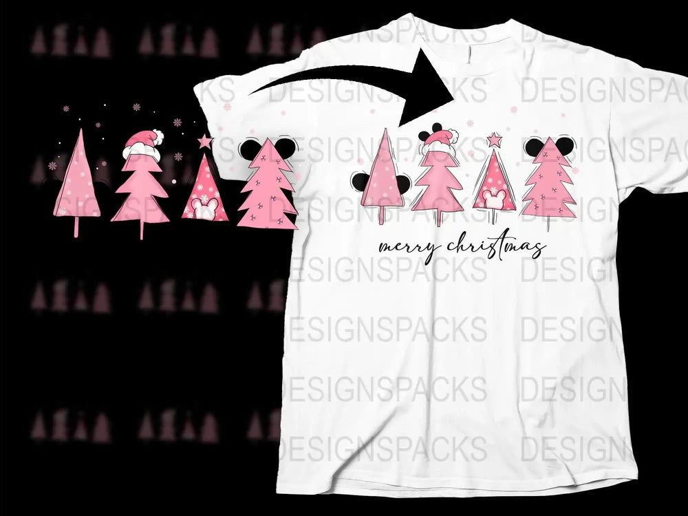 Merry Christmas Pink Trees Santa Hat Whimsical T-shirt, Festive Holiday Casual Wear for Family Celebrations
