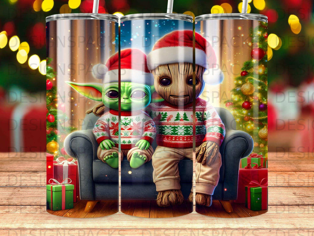 Baby Yoda and Groot in Christmas sweaters sit on a couch with gifts.