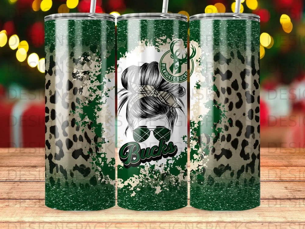Milwaukee Bucks leopard print tumbler with messy bun graphic and distressed logo.