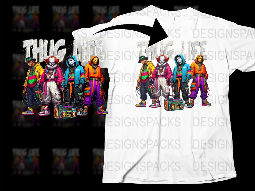 Thug Life Cartoon Characters Street Style Urban T-Shirt, Colorful Hip-Hop Graphic Tee