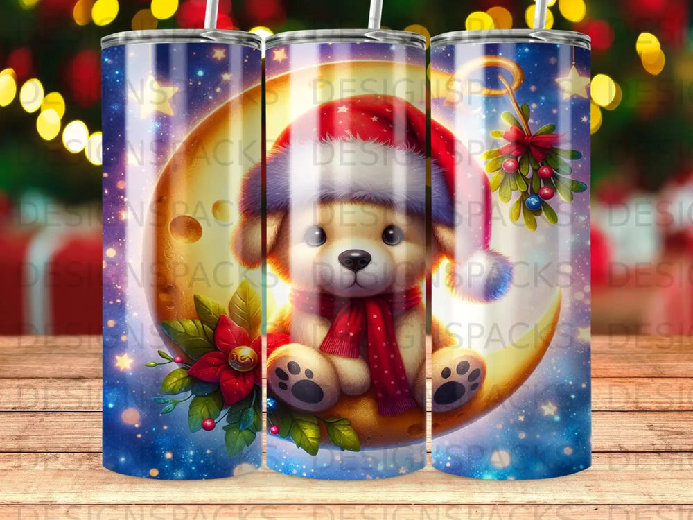 Cute puppy sitting on a crescent moon with festive decorations.