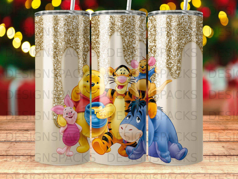 Winnie the Pooh characters and glitter design on tumblers.