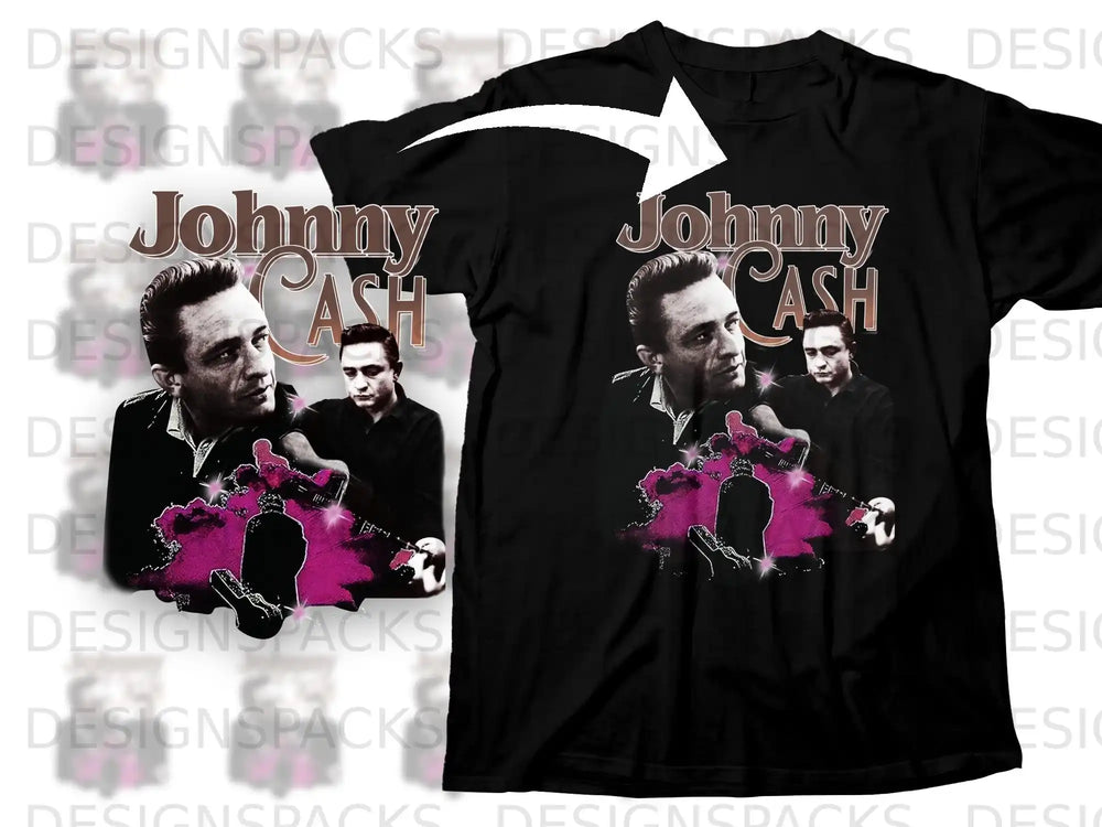 Black t-shirt with graphic of Johnny Cash in pink, purple, and black.