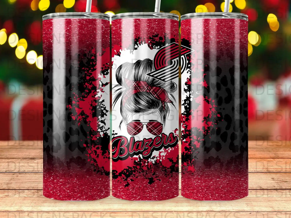 Red and black sublimation tumbler wrap with distressed leopard print and "Blazers" text.