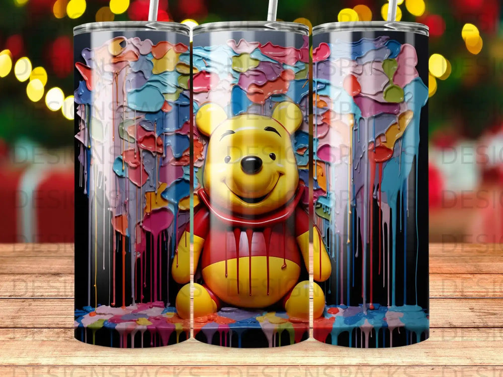 Winnie the Pooh sits amidst colorful, drippy paint splatters.
