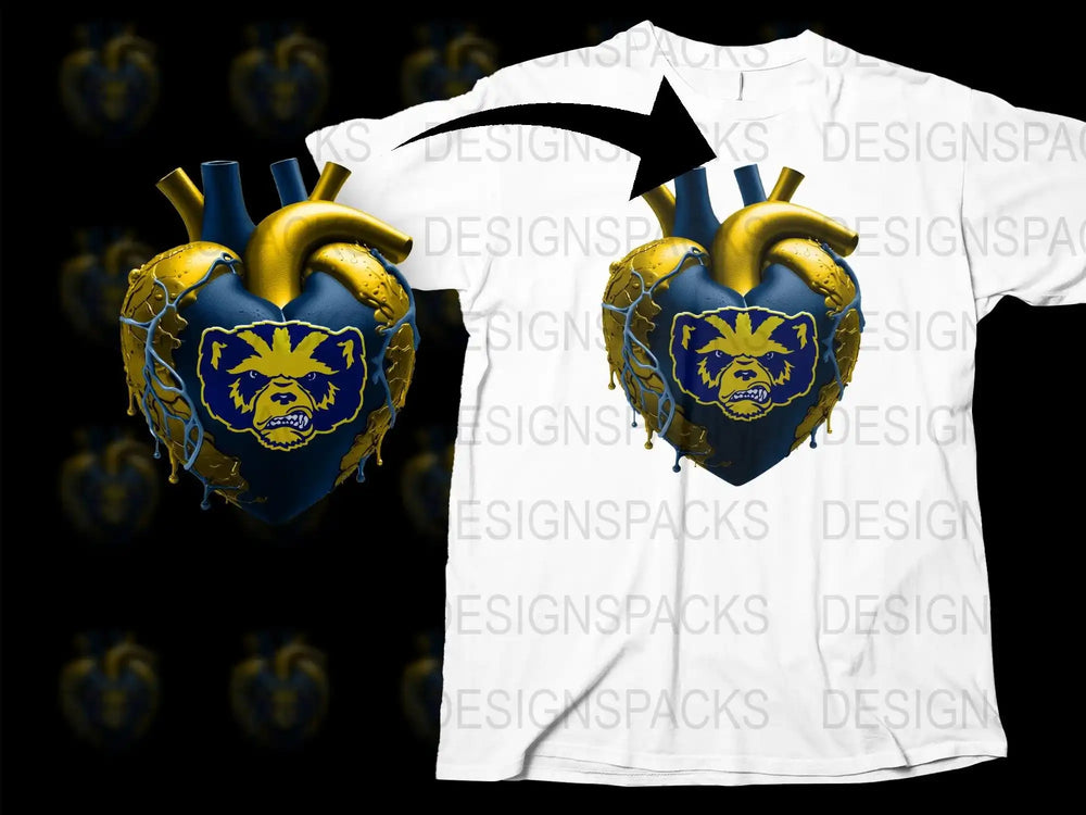 Anatomical Heart Graphic T-Shirt, Blue and Gold Lion Design, Unique Artistic Tee, Unisex Fashion Clothing