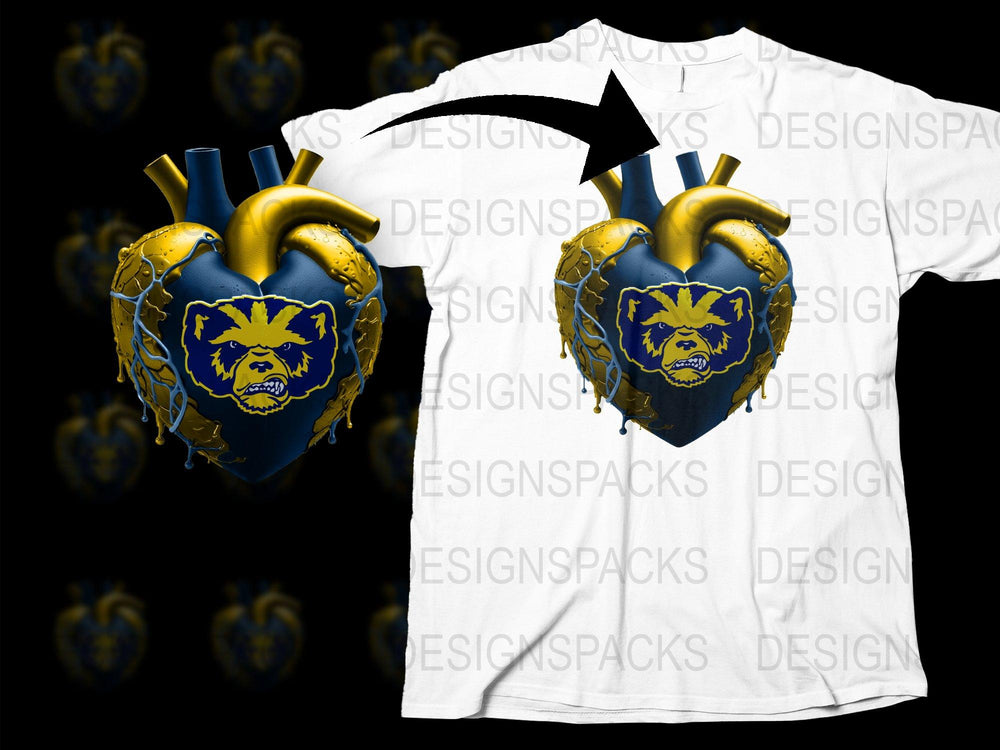 Anatomical Heart Graphic T-Shirt, Blue and Gold Lion Design, Unique Artistic Tee, Unisex Fashion Clothing
